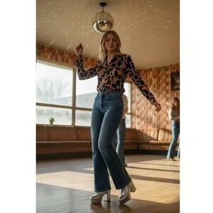 VTG! RARE Floral Geo. Print  Blk Orange Yellow 70'S,60'S? SZ 14 RUNS VERY SMALL!